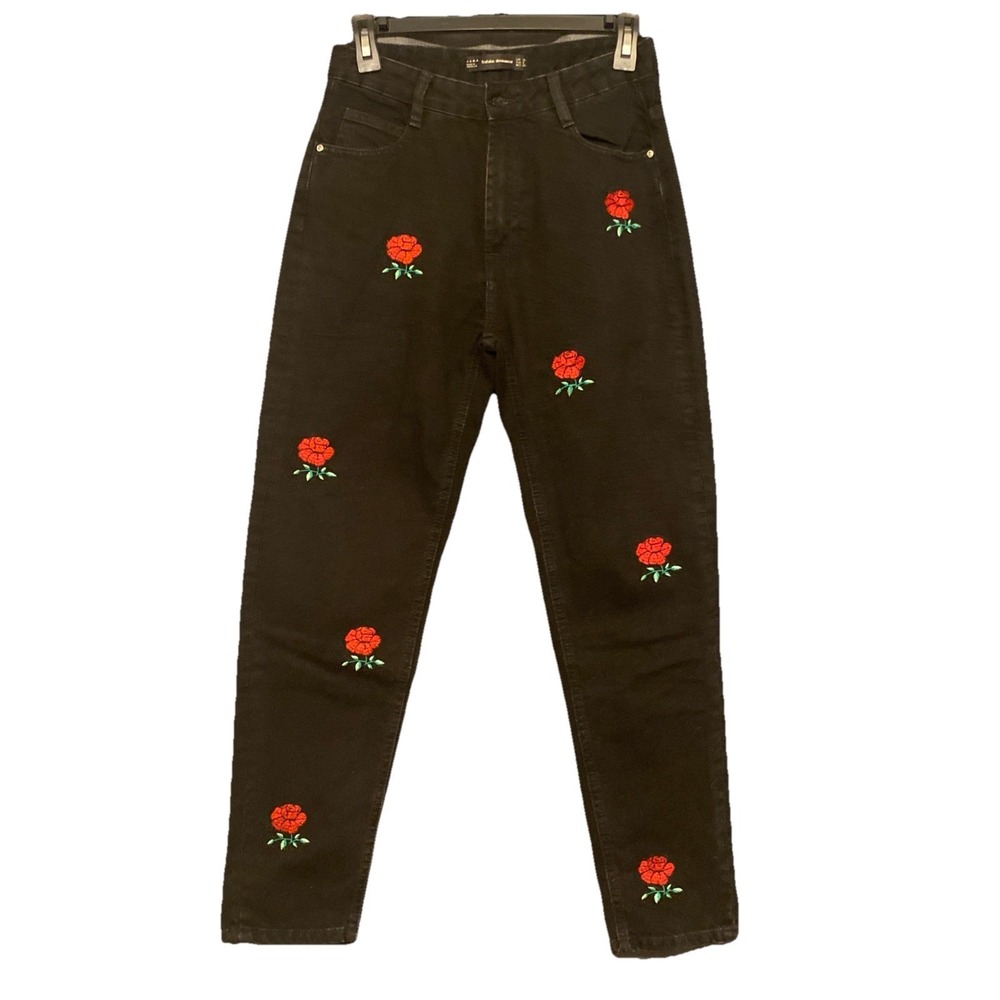 Zara Trafaluc Womens Black High Waisted Rose Embroidered Jeans Size 4